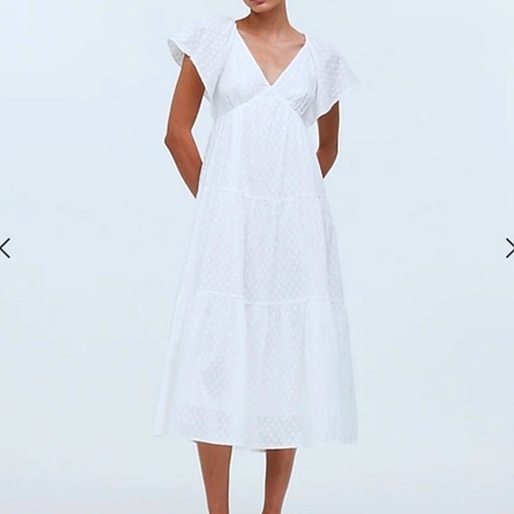 New Madewell White Flutter sleeve tiered midi dress size 12